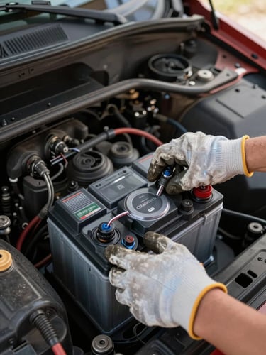 Close-up overhead shot of a heavy-duty battery being lowered into a truck engine bay by two hands in work gloves, natural daylight, tools and battery cables visible around the edges