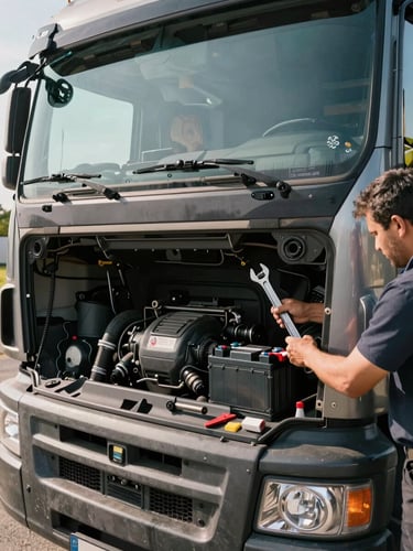 Wide shot of a mechanic installing a battery into the engine bay of a large truck, hands visible with wrench, natural daylight flooding the open cab, tools laid out on the bumper