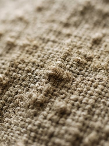 Close-up macro shot of heavy-gauge linen fabric showing raw slub texture and woven threads, soft morning window light, warm oatmeal tones, shallow depth of field