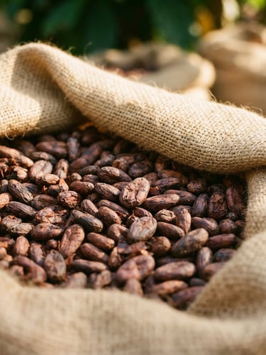 Medium close-up of raw grade-A cocoa beans in a woven jute sack, warm natural golden sunlight highlighting texture, 35mm lens