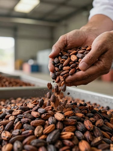 A close-up documentary shot of raw cocoa beans pouring through a quality inspector's hands inside a modern warehouse, crisp clean industrial lighting, rich earthy tones, sharp focus on the textures of the beans.