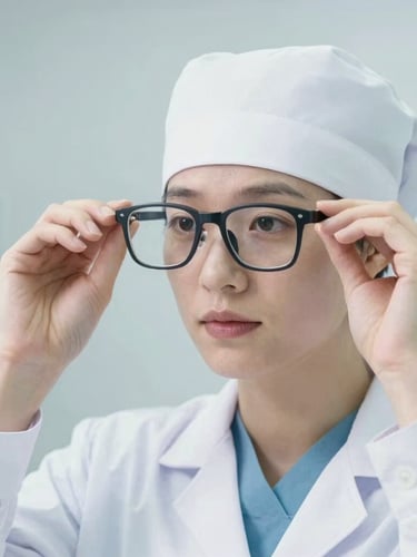 Close-up of a healthcare professional in a clean white coat adjusting high-end optical frames, bright daylight, clinical setting.