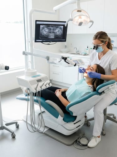Bright clinical dental space with modern diagnostic equipment, high-key natural daylight, clean white surfaces, professional medical setting