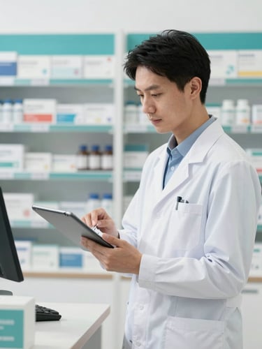 A professional pharmacist in a clean white coat reviewing a prescription on a digital tablet in a bright modern pharmacy, natural daylight