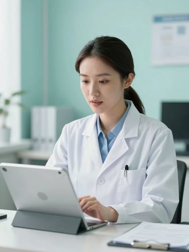 A professional pharmacist in a clean white coat speaking during a video call, modern tablet screen visible, bright clinical office setting, soft teal lighting