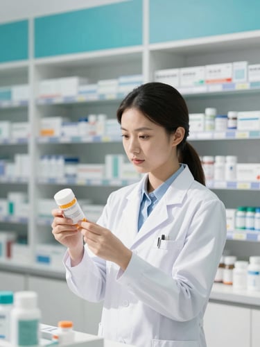 A professional pharmacist in a clean white coat reviewing a prescription bottle under bright, natural daylight in a modern pharmacy setting