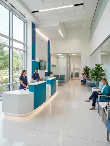 Bright clinical photography of a modern, clean medical center lobby with soft daylight, high-contrast blue accents, sharp focus.