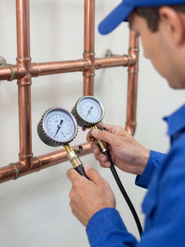 Medium close-up of a professional technician in a blue uniform inspecting copper gas pipes with a digital pressure gauge under bright daylight, crisp focus.