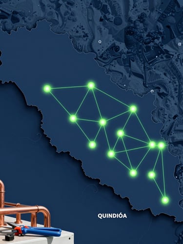 Clean technical graphic map of Risaralda and Quindío departments, showing glowing green connection points on a dark blue topographic background, professional engineering style