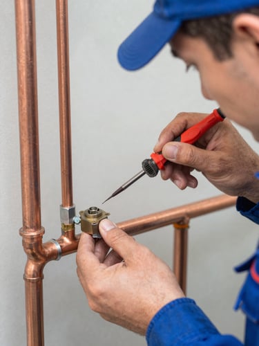 Close-up of a professional technician in a clean uniform soldering copper pipes for a gas network, bright natural daylight, 35mm