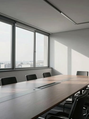 A wide-angle, low-contrast shot of an empty, minimalist corporate boardroom in Milan, diffused morning light streaming through large windows, clean lines, professional atmosphere.