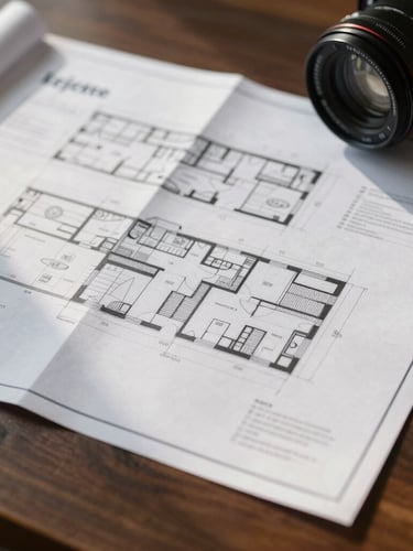 Close-up of high-quality physical corporate documents and architectural blueprints on a solid dark wood table, soft morning side light.