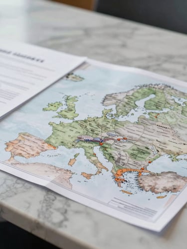 A close-up of high-quality physical financial documents and a structured map of European trade corridors resting on a clean marble boardroom table, soft diffused daylight.