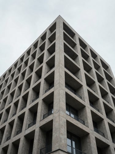Wide architectural detail of a modern European financial center facade, sharp geometric concrete lines, overcast morning light, minimal composition.