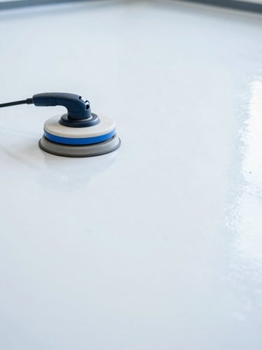 Close-up of a professional commercial floor buffer on a perfectly waxed white floor, sharp reflections, bright cool lighting.