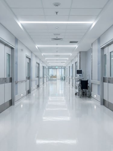 Crisp architectural photography of a bright, sterile medical corridor, cool daylight, sharp linear perspective, immaculate reflective floors, blue and white tones.