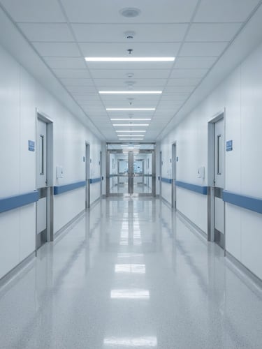 Symmetrical wide-angle shot of a pristine hospital corridor with polished floors reflecting cool fluorescent overhead lights, crisp blue and white tones
