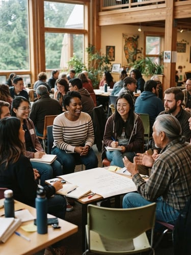 Warm, natural Pacific Northwest daylight, soft earthy tones, candid community interactions, diverse group of Washington residents engaged in facilitated dialogue at a community center, low horizon, 35mm lens