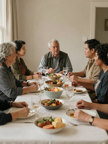 Diverse group of Washington residents engaged in lively conversation around a dinner table, warm natural light, soft earthy tones, candid interaction, 35mm lens.