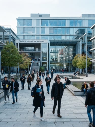 Wide environmental shot of a modern glass university campus in Munich, bright natural daylight with cool blue undertones, professional students walking in the courtyard, 35mm