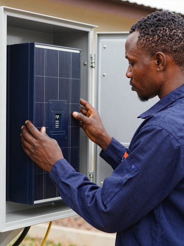 Medium shot of a Cameroonian electrical engineer in a navy blue uniform inspecting a clean, newly installed solar inverter system, bright natural daylight, sharp focus