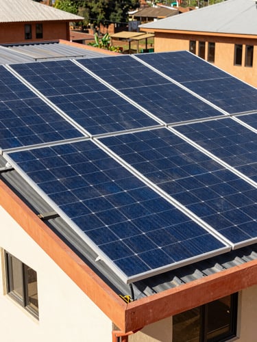 Crisp documentary photography of a completed solar panel array on a modern building in Limbe, bright natural Cameroonian daylight, sharp focus