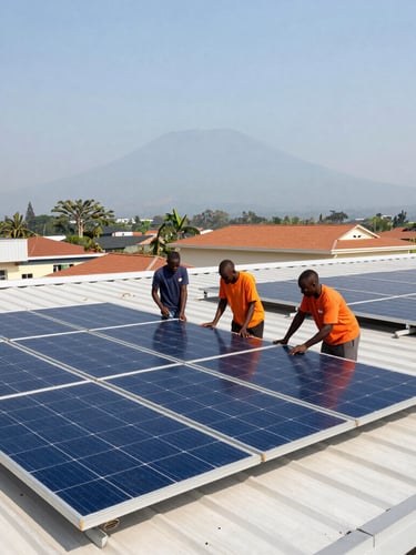 Wide-angle shot of a solar installation team working on a clean modern roof in Limbe, Cameroon, with Mount Cameroon visible in the soft background haze, bright daylight