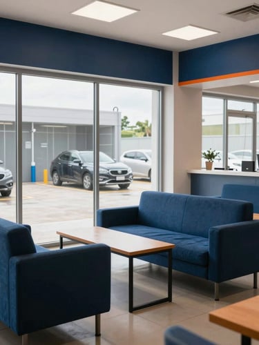 An inviting, modern car wash lounge interior with comfortable seating, clean glass windows looking out to a washing bay, and bright lighting