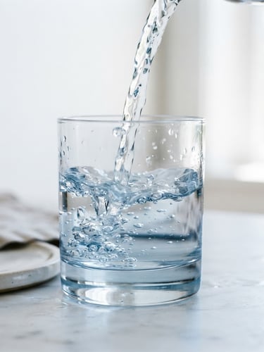 Crisp editorial photography of crystal-clear water cascading into minimalist glassware, bright high-key natural daylight, sharp macro focus, 35mm.