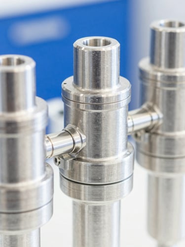 Portrait-oriented image of a brushed stainless steel filtration manifold with subtle platinum accents, showing precise engineering and sterile connections, extreme close-up, bright high-key natural daylight, sharp focus.