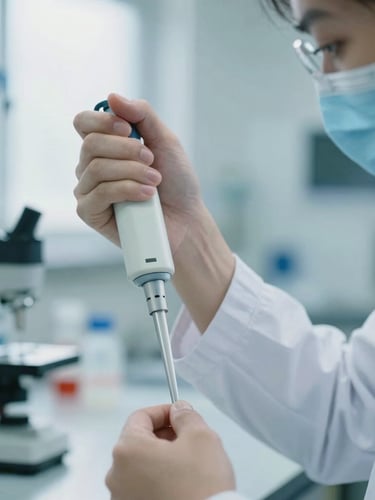 Close-up of a high-resolution laboratory environment, a researcher in a white coat operating a precision pipette under cool-toned sterile light, shallow depth of field, 35mm