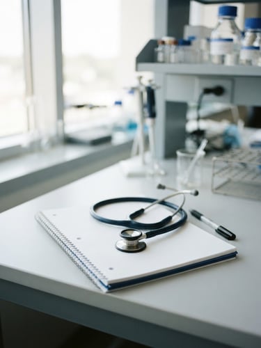 A quiet, sunlit laboratory desk with a clean notebook, a stethoscope, and soft blue accents, shallow depth of field, clinical editorial photography, 35mm