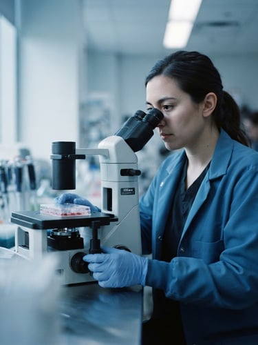 Close-up of a molecular biologist analyzing cell cultures under cool-toned laboratory light, shallow depth of field, 35mm