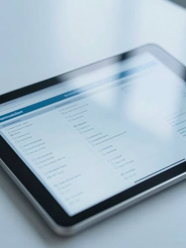 Overhead shot of a clean, modern medical data interface on a tablet, soft blue light, clinical editorial style, 35mm