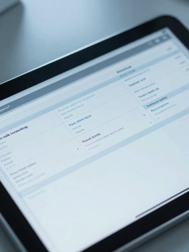 Overhead shot of clean medical data interfaces on a tablet screen, cool laboratory light, slate and blue tones, clinical editorial photography