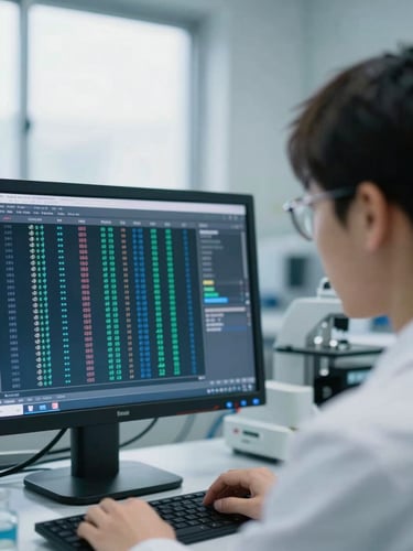 A close-up of a researcher in a clean-room laboratory environment looking at a monitor displaying genetic data sequences, soft natural window light, 35mm