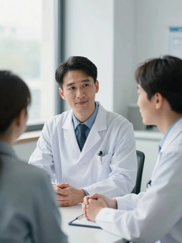Honest eye-level portrait of a clinical researcher and a patient advocate collaborating in a sunlit meeting room, soft natural window light