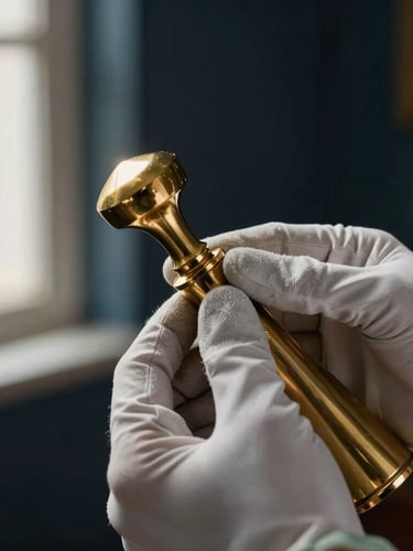 Close-up of a gloved hand meticulously detailing a luxury brass fixture, warm golden light streaming through a spotless window, dark navy background