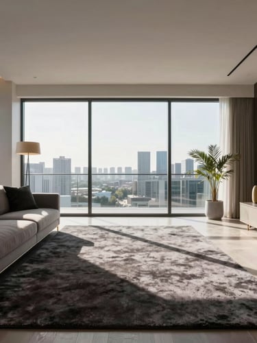 Symmetrical wide shot of an immaculate modern penthouse living room, natural light streaming through pristine floor-to-ceiling windows, sharp vacuum lines on a plush dark rug, minimalist gold accents.
