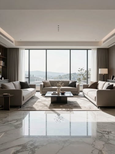 Symmetrical wide shot of a pristine modern luxury living room, high-contrast natural light streaming through spotless floor-to-ceiling windows, gleaming marble floors reflecting minimalist furniture.