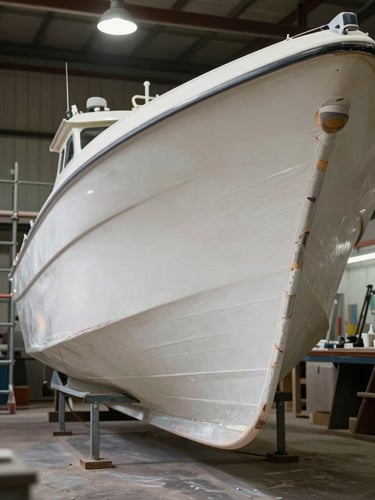 Wide vertical shot of a boat hull resting on stands inside the workshop, scaffolding on the left edge, bare fiberglass layers visible where sanding has begun, tungsten work lights overhead, no people, serious documentary atmosphere