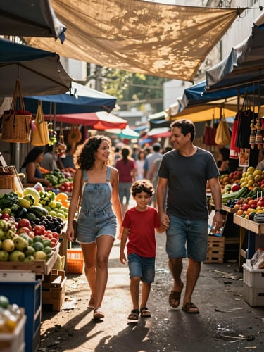Wide environmental shot of a Brazilian family — parents and two children — navigating a vibrant outdoor street market in São Paulo, golden afternoon light filtering through canvas awnings, stalls of colorful produce and crafts filling the frame, shot from eye level showing the family mid-step, genuine delight on their faces, not posed