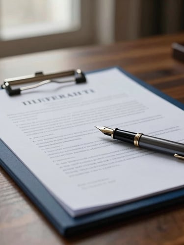 Close-up of elegant legal documents and a fountain pen on a textured wooden desk, soft natural window light, deep navy tones, shallow depth of field