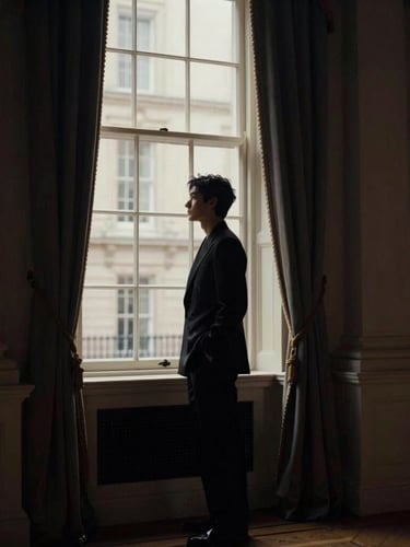 A silhouette of an elegant individual standing by a tall sash window in a historic London townhouse, soft morning light filtering through, muted charcoal tones, editorial photography.