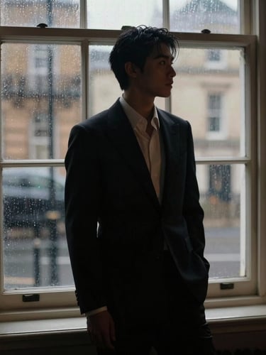 Elegant silhouette of a sophisticated individual against a rainy London window, soft low-key ambient evening light, 35mm film