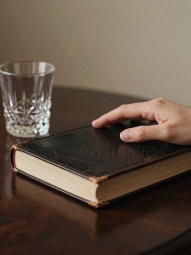 Close-up of a hand holding an antique leather-bound book beside a crystal glass on a dark mahogany table, soft low-key ambient evening light, warm cream accents.