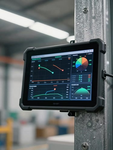 Sharp close-up of a rugged digital tablet displaying real-time telemetry data, mounted on a steel column inside a modern, brightly lit industrial warehouse, cool LED lighting, depth of field.