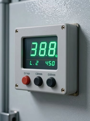 Crisp industrial close-up of a digital temperature controller on a cold storage wall, glowing green LED numbers showing sub-zero readings, metallic panel texture, bright daylight.