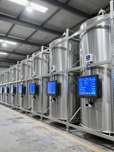Wide-angle architectural shot of a modern industrial cold storage facility interior with clean steel shelving, blue LED temperature telemetry screens, crisp daylight-driven lighting.