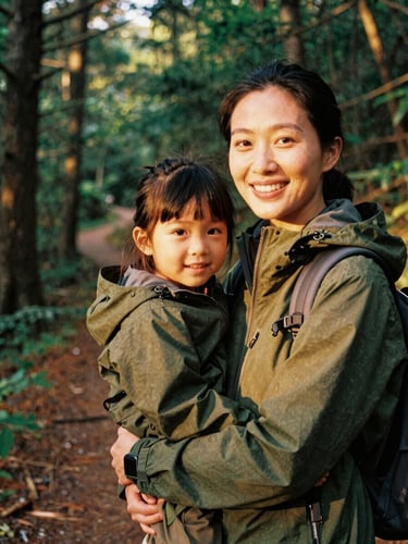 A close-up of a smiling mother and her young daughter on a sunlit forest trail, wearing durable olive green outdoor gear, warm golden-hour light, 35mm film style